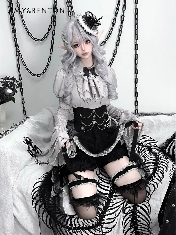 2025Harajuku Lolita Goth Retro OP Skirt Sets Lantern Long Sleeve Shirt Irregular Skirt Subculture Two Piece Sets Womens Outifits