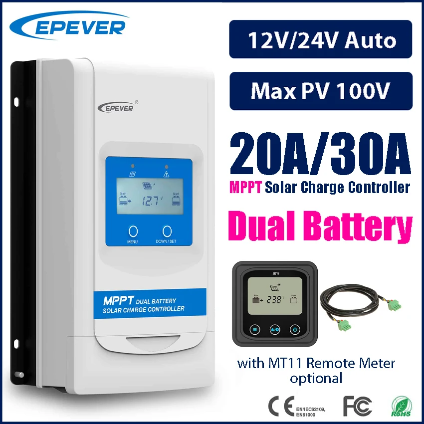 

EPEVER 20A/30A Voltage 12V/24V Dual Battery MPPT Solar Charge Controller for Off Grid Solar System RVs Boats Max 100V Panels