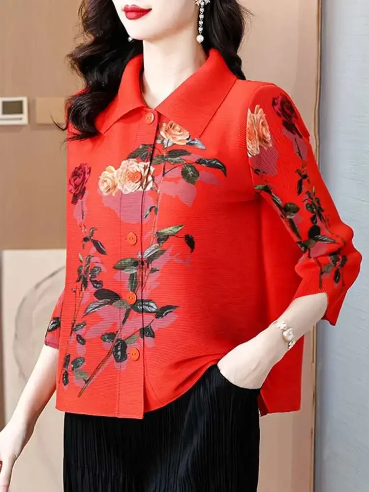 

Miyake 2025 Summer New Fashion Clothing Flower Print Shirt Women Lapel Single Breasted Three-quarter Sleeve Pleated Shirt Women