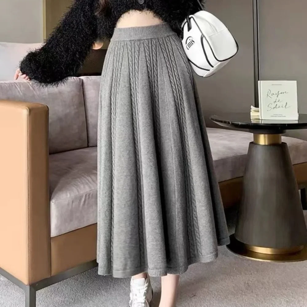 White Twist Knitted Wool Skirt Women's Autumn 2024 Winter Dape Mid-Length Skirt High Waist A- Line Long Skirt