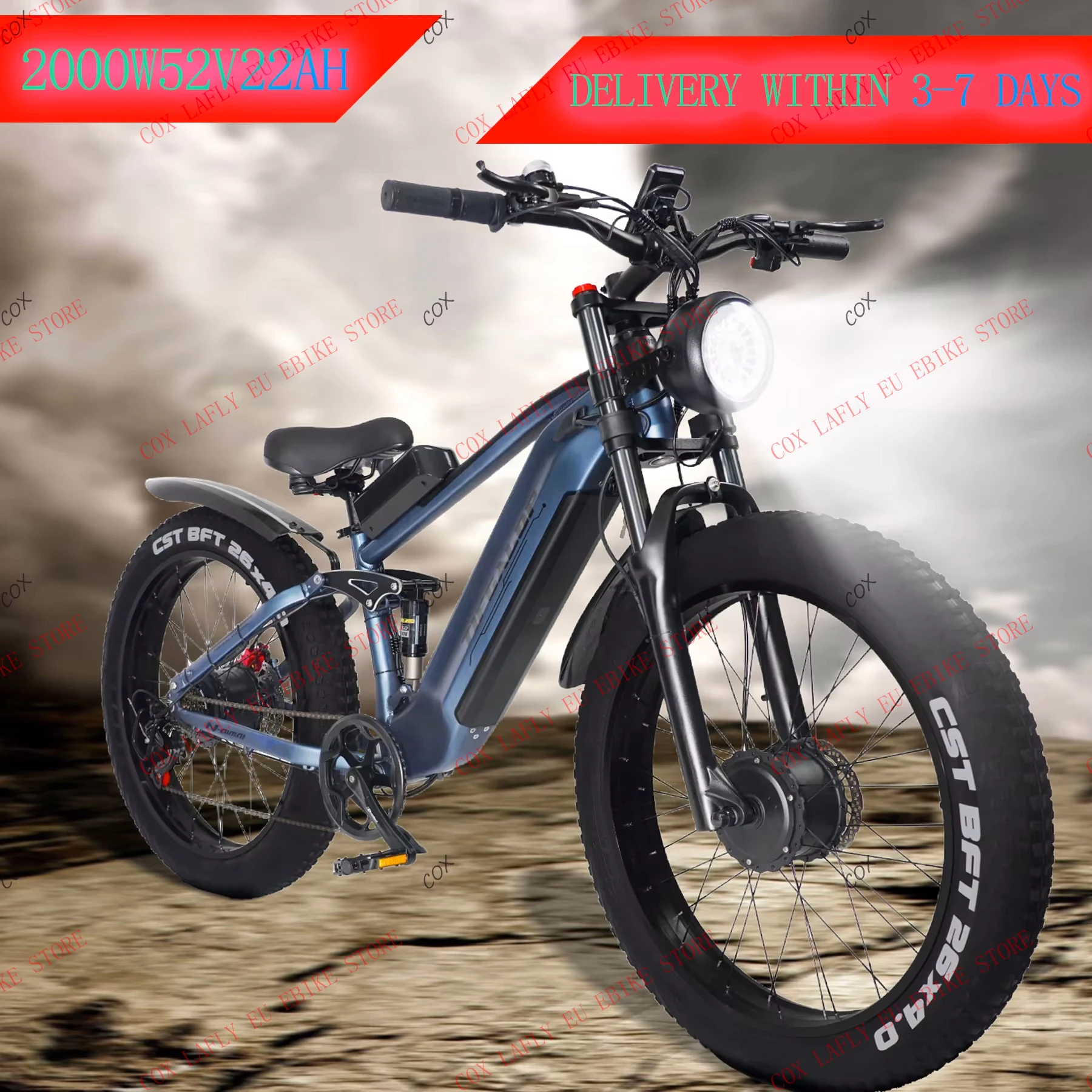 24 year old brand new 2000W52V22AH hydraulic brake 26 inch snow tire fully suspended 90NM mountain electric bicycle bike ebike