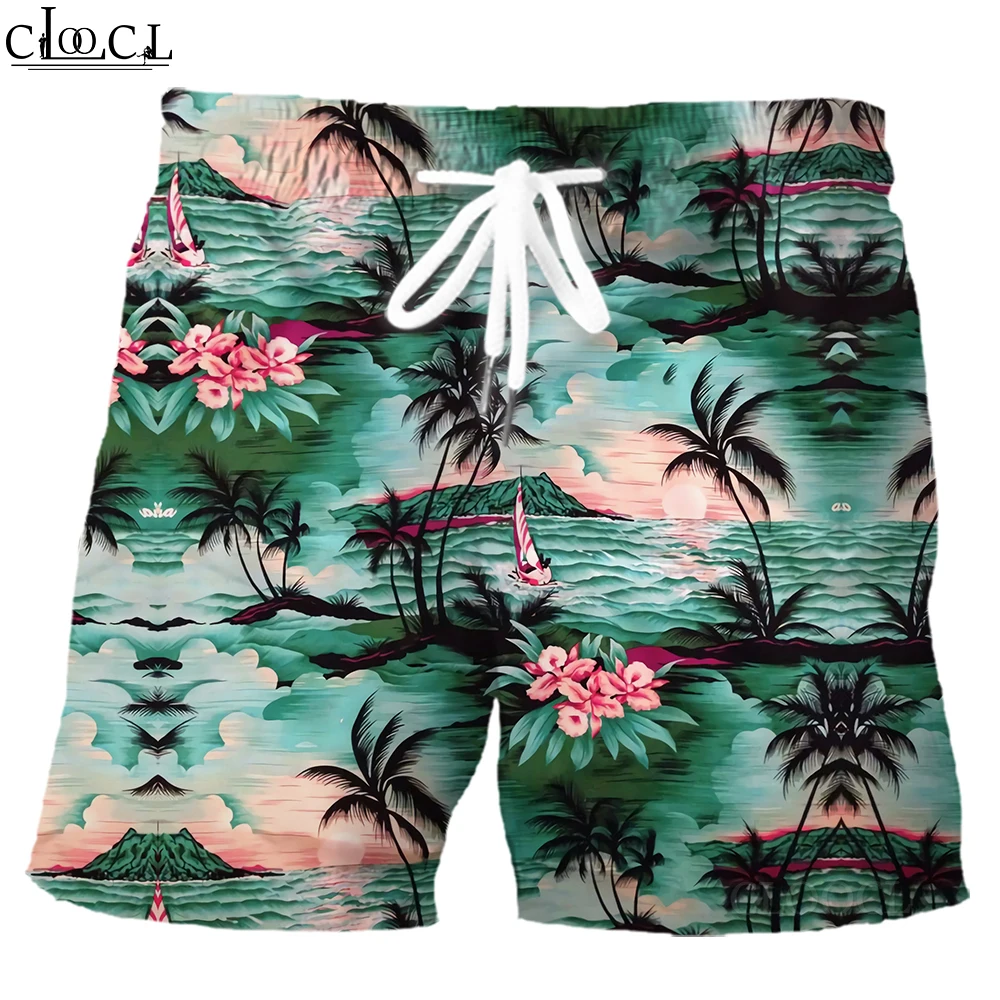 HX Hawaii Shorts Polynesian Coconut Palm Island Printed Board Shorts Elastic Pockets Beach Pants Men Clothing Dropshipping