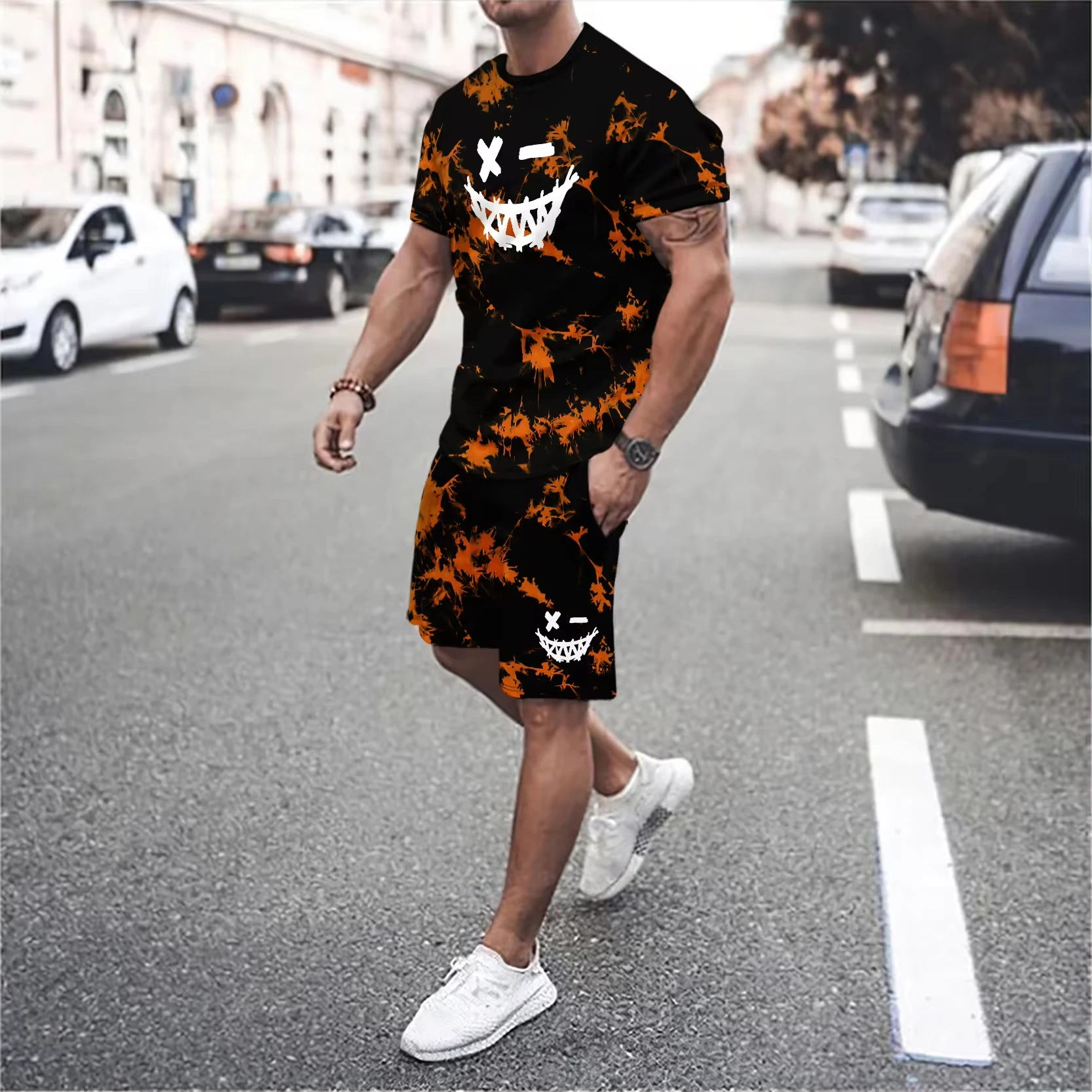 Summer New 3d Tiger Lion Print Men\'s Short Sleeved T-Shirt Shorts Set 2-Piece Sports Set Men\'s Printed Suit Casual Men Clothing