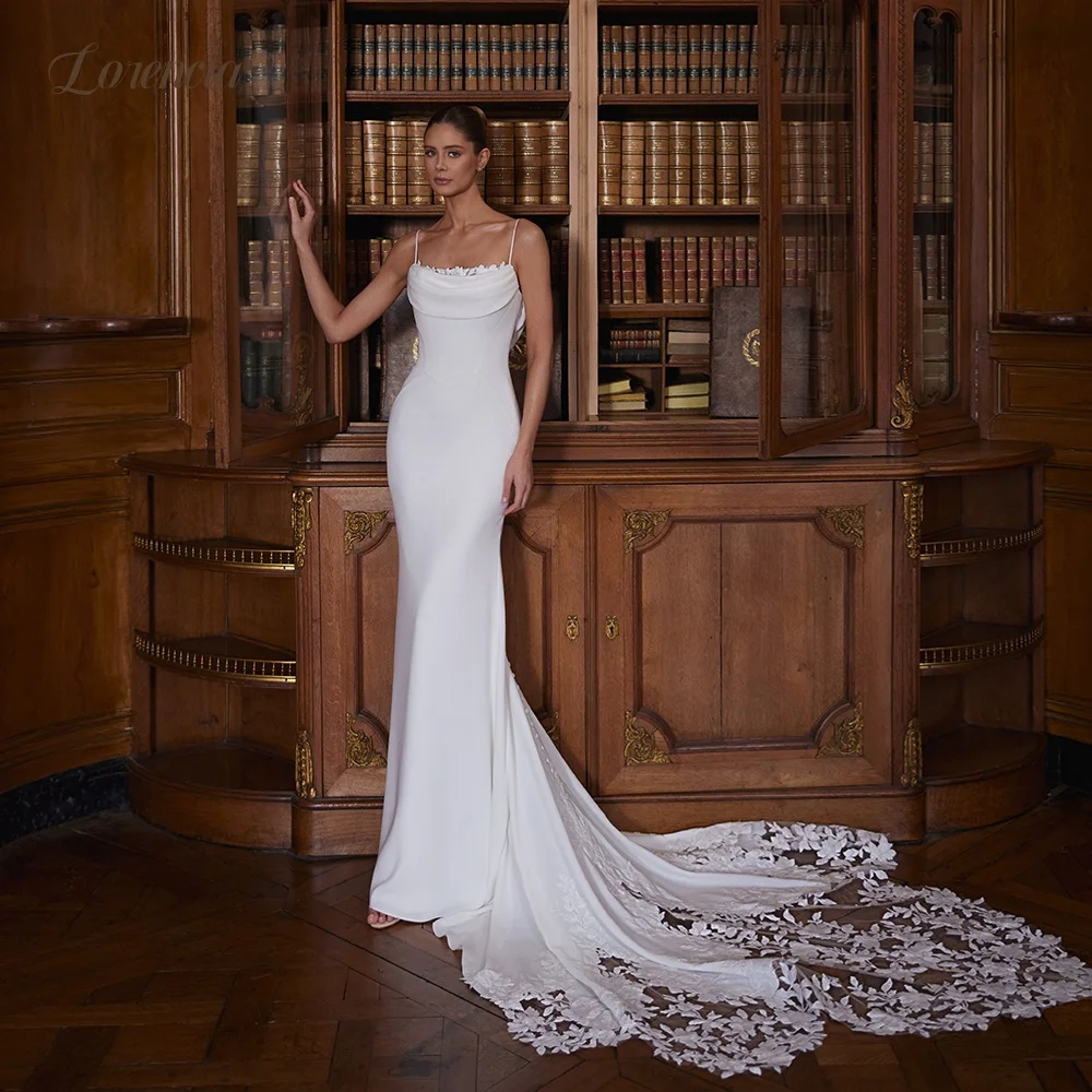 Lorencia Strapless Crepe Mermaid Wedding Dresses Spaghetti Straps Appliqued Fitted Bridal Gowns Customized Backless Bride Dress