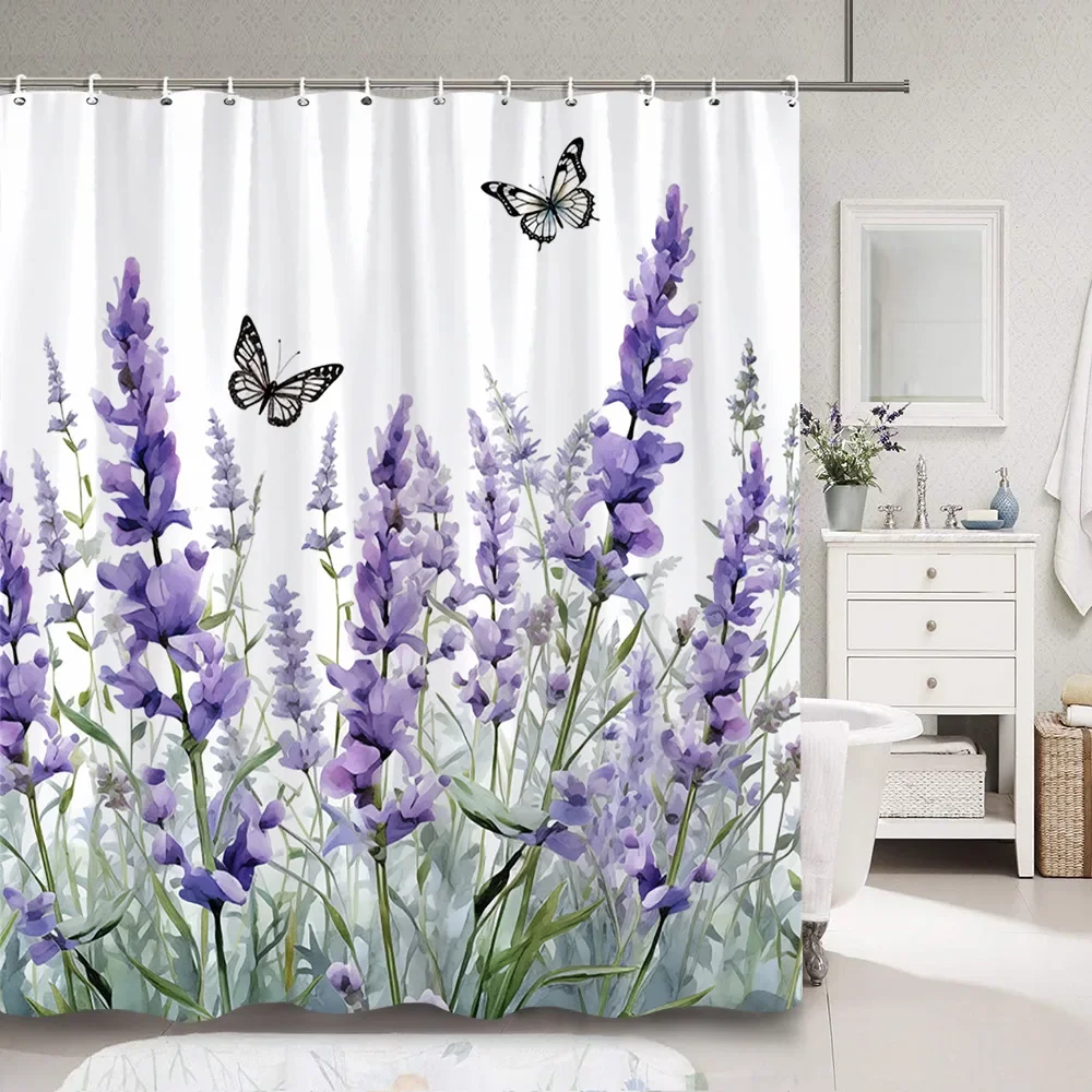 Purple Lavender Shower Curtain Fluttering Butterfly Botanical Flower Watercolour Art Painting Shower Curtain Bathroom Decoration