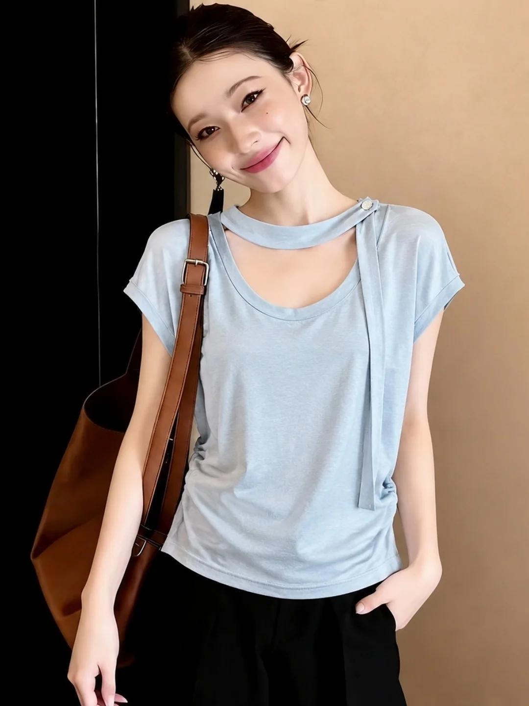 

Korean Style Pure Color Fashionable Short Sleeve T-Shirt Women's Spring Summer New Design Sensation Sash Anti-Aging Top