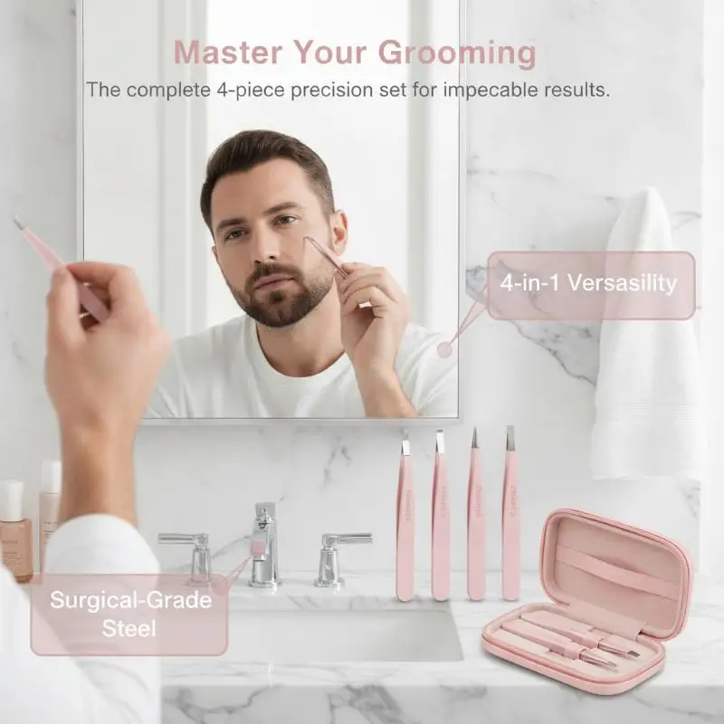 4 Piece Stainless Steel Tweezers Set for Men Women Eyebrow Shaping Hair Removal Beard Plucking