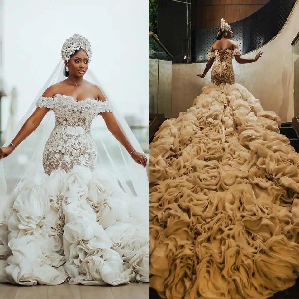 

Luxury Mermaid Wedding Dress Off Shoulder Bridal Gowns Shine Appliques 3D-Lace Flower Tail Vestina De Novia Plus Size Customized