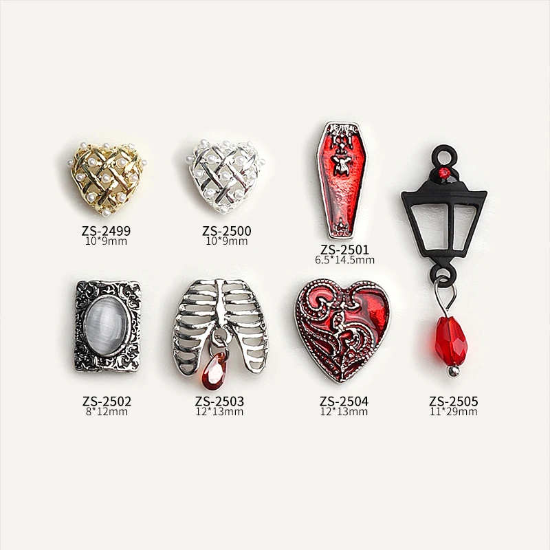 10PCS Vintage Halloween Inner Bone Lamp Pendant Pearl Inlaid Heart Coffin Alloy Nail Art Rhinestones Decorations Manicure Charms