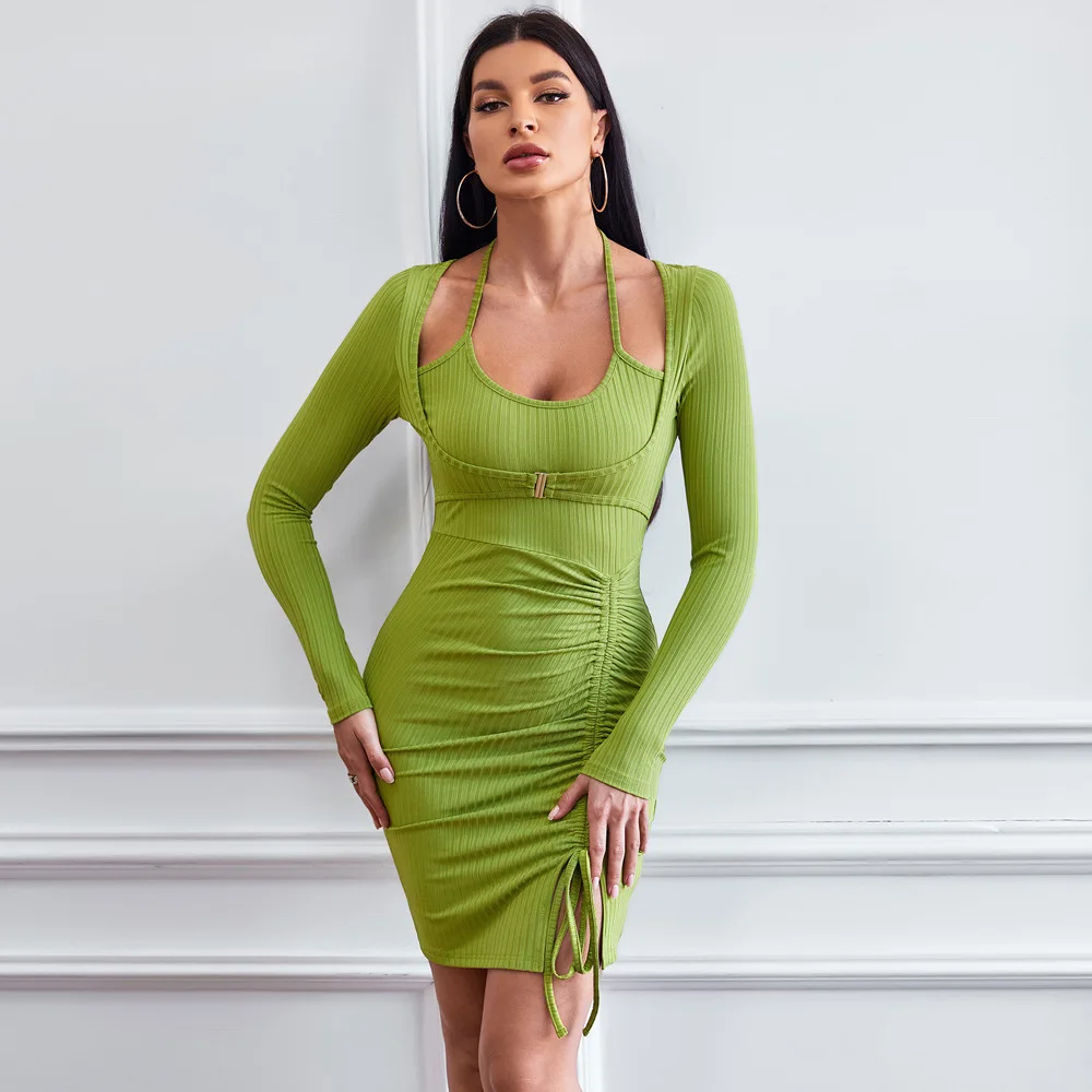 Women Knitted Long Sleeve Mini Dress Faux Two Piece Ruched Bodycon Slim Fit Party Dress