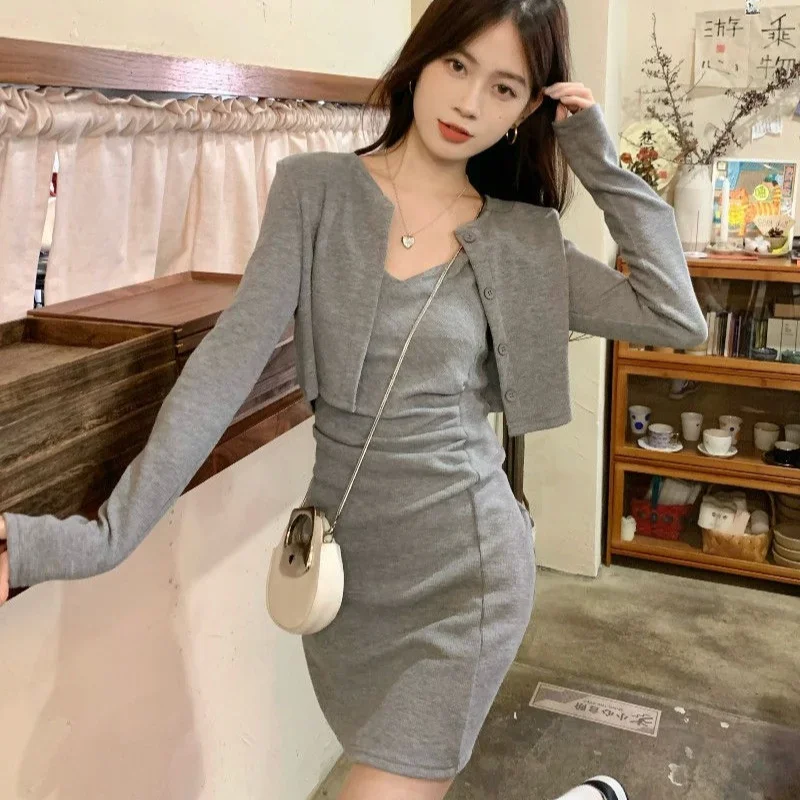 Gray Dress Sexy Mini Short 2 Pieces Sets for Women Mature Woman Outfit Night Club Commuting Long Sleeve Slim Fit New in The Same