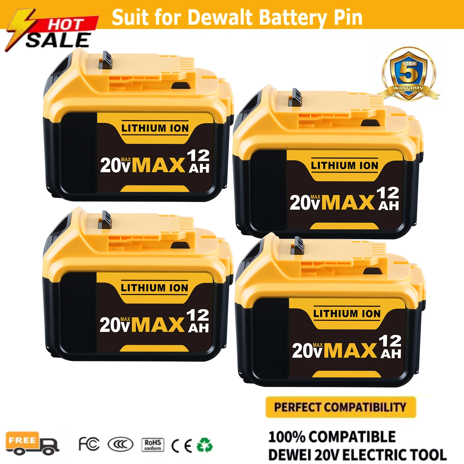 

1/2/4Pcs 12.0Ah DCB200 Replace for Dewalt 20v Battery Pin Compatible with DCB201 DCB203 DCB205 DCB206 Apply to Dewalt Power Tool