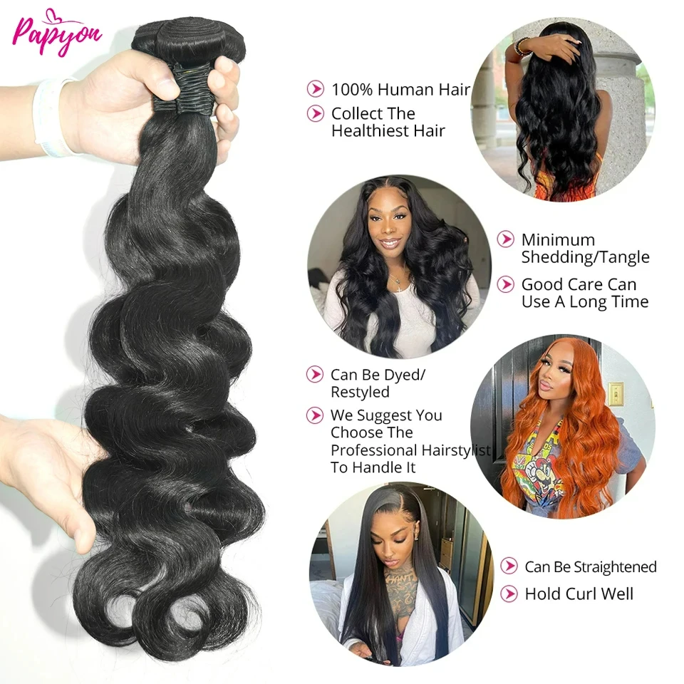 PAPYON Human Hair Bundles With Closure 4x4 Brazilian Body Wave Bundles With Closure Human Hair Weave Extensions 3/4 Bundles Remy