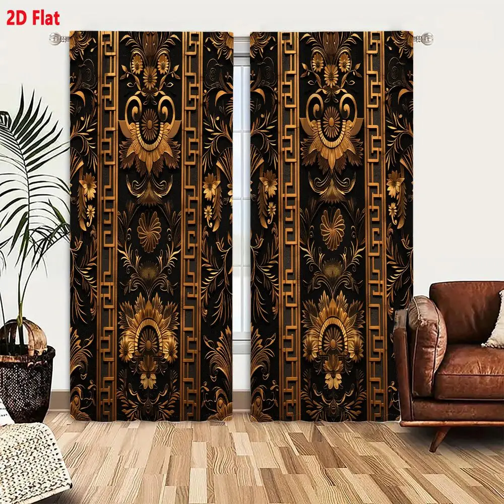2Pcs Curtains Add 2D Flat Richly Detailed Luxurious Ornate Floral And Foliate Motifs In Metallic Gold Against Deep Black Backgro