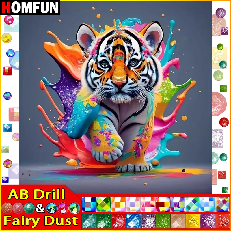 

HOMFUN Fairy Dust AB Diamond Painting "Animal Tiger" 5D DIY Diamond Embroidery Full Square/round Rhinestone Of Picture
