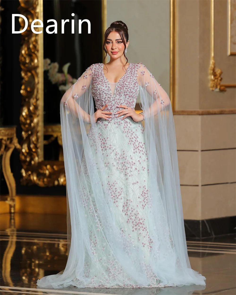 Personalizado Arabia Saudita Dearin cuello en V A-line faldas hasta el suelo tul vestidos para ocasiones a medida vestido de noche vestido Formal de graduación