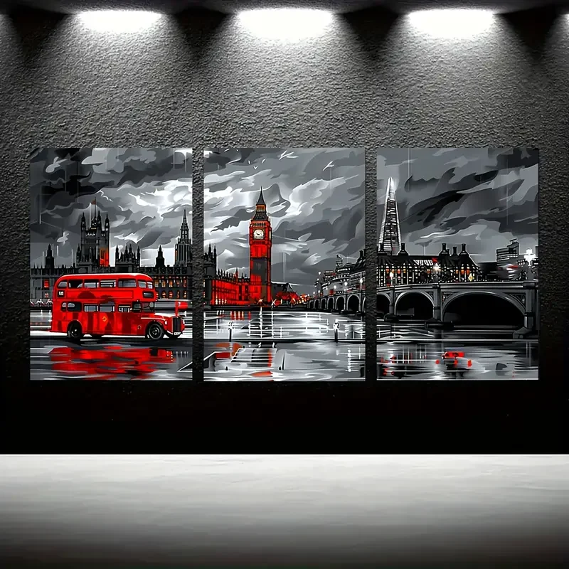 مجموعة فنية جدارية من القماش من Vintage City - 3 قطع ديكور مستطيل بدون إطار يتميز بعلامات لندن المميزة والحافلات الحمراء وجسر البرج #3