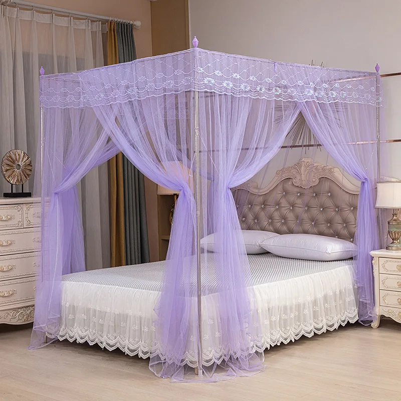 Lace Mosquito Net 4 Corner 3 Side Openings Post Bed Curtain Princess Canopy Netting Bedding Bed Curtains No Bracket view 4