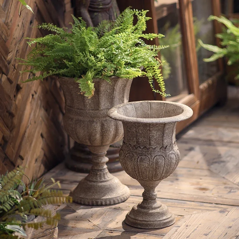 Vintage Large Pedestal Urn Planter, European Farmhouse Rustic Flower Pot, Decorative Garden Vase for Yard & Home