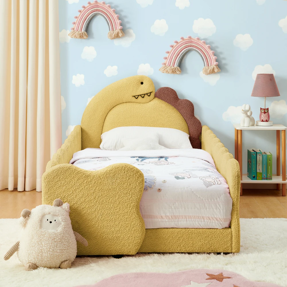 Twin Size Cute Dinosaur-Shaped Kids Bed Frame, Boucle Fabric Toddler Platform Bed with Safety Guardrails, Solid Wood Children Sleeping Bed for Boys Girls Bedroom Furniture