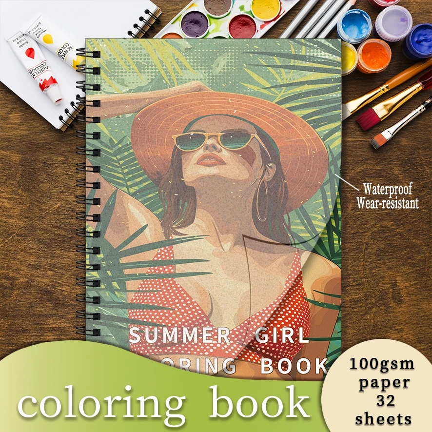 Summer Girls Adult Coloring Book - 8.3x 11.2 Inch 32 Page Coloring Book - Helps Reduce Stress and Ease Emotions