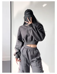 Woman Autumn Winter Solid Fleece Sporty Jumper Casual Sweatshirts Women Sexy V-Neck Long Sleeve Crop Top Streetwear Pullovers