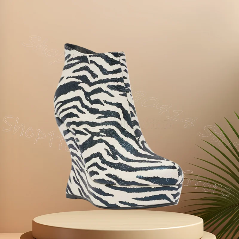 Zebra Print Strange Style Heels Platform Boots Side Zipper Women Shoes Round Toe Party Banquet Dating 2026 Zapatos Para Mujere