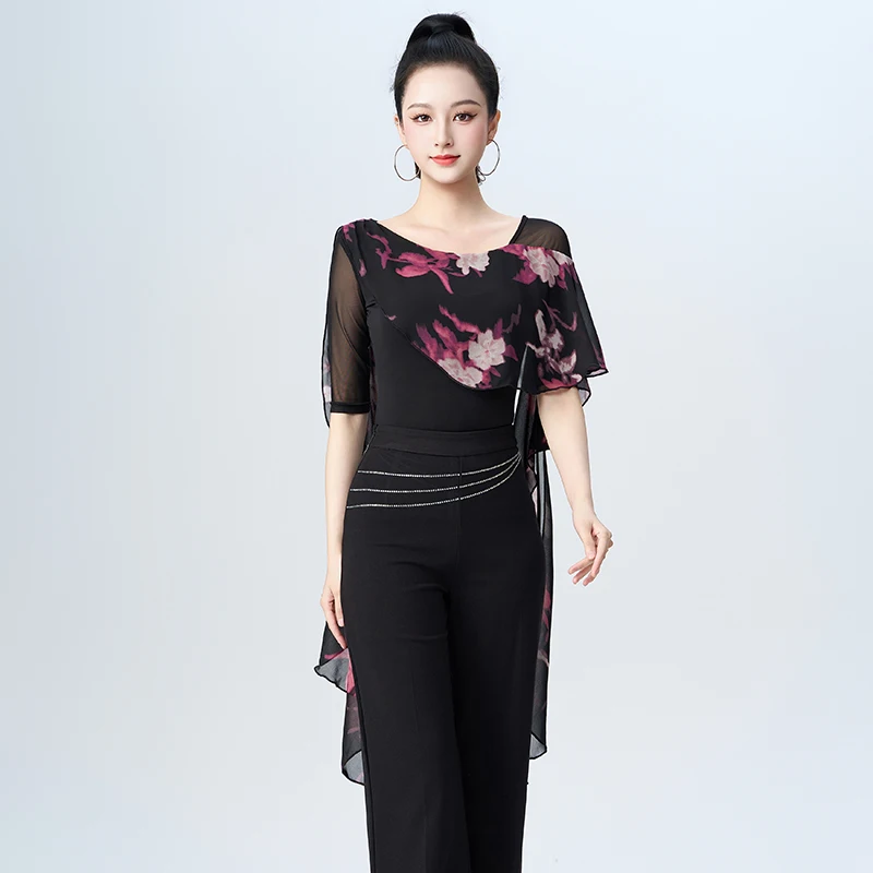 Floral Print Chiffon Cape Dance Top, Black Base Half Sleeve Mesh Shirt, Slim Stretchy Blouse for Latin Performance & Training