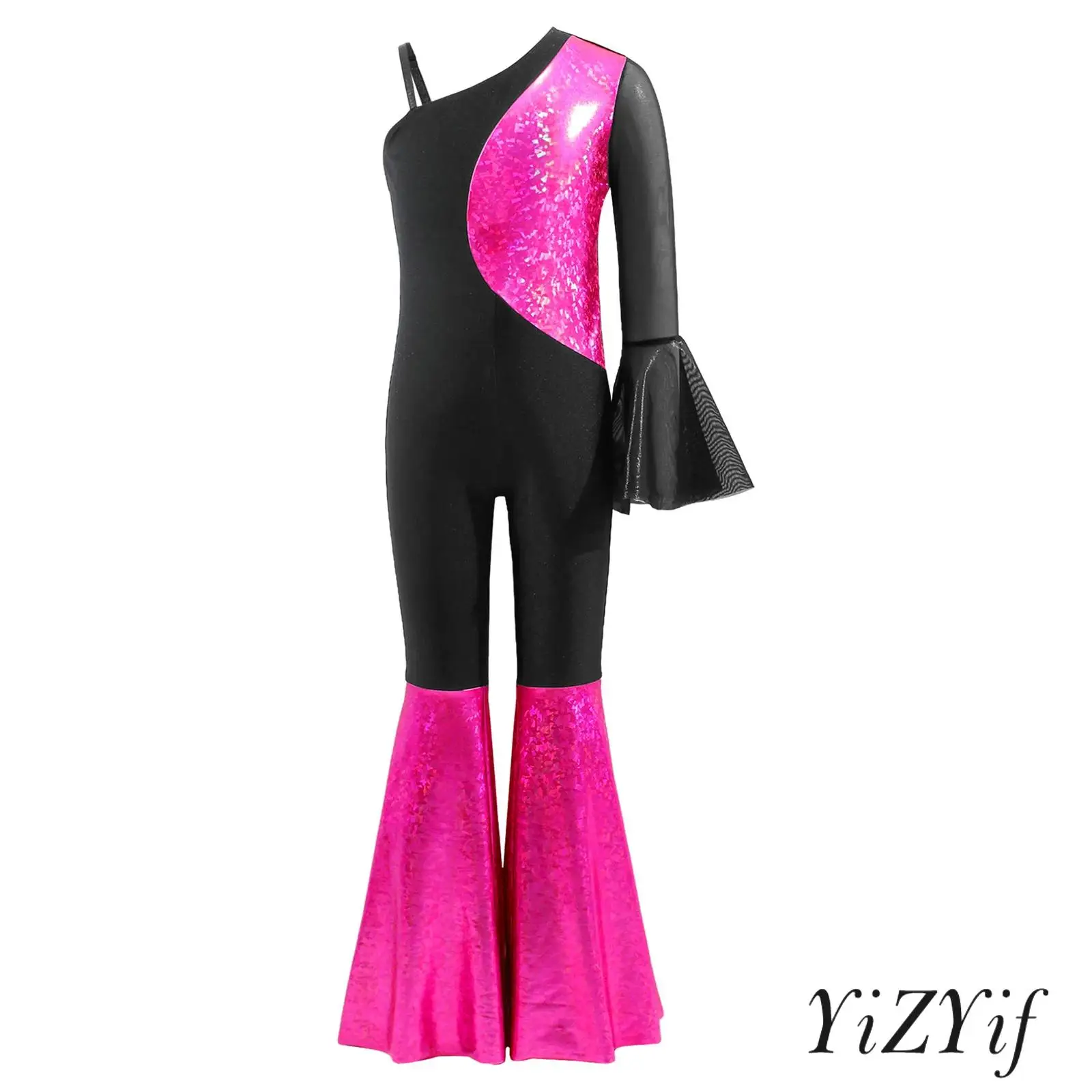 

Kids Girls Single Shoulder Strap Long Flared Sleeve Ruffled Bell-bottomed Hem Jumpsuit for Dance Stage Performance Disco Party