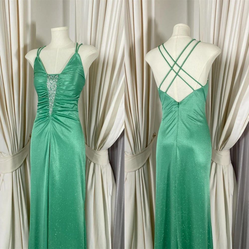 

Customized Delicate Green Satin Evening Dress Elegant Graceful Strapless Spaghetti Straps Cocktail Dress Exquisite Party Dress