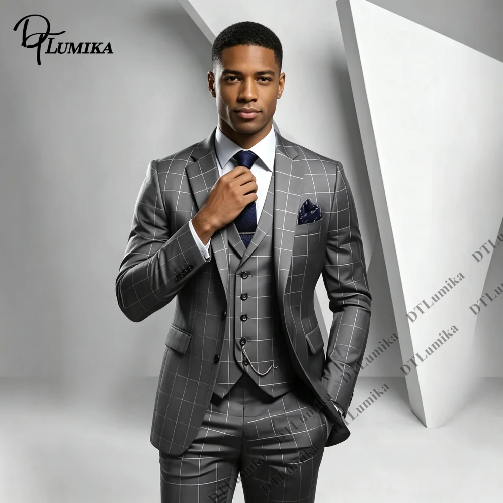Men 3 Piece Plaid Suit Custom Size Windowpane Check Jacket Vest Pants Wedding Business Prom Banquet Formal Suit for Gentlemen