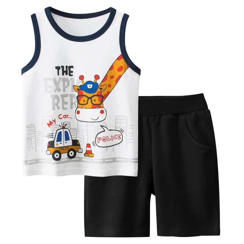 

Cartoon Giraffe Boys Sets 2024 Summer New Children's Sleeveless Vest Top + Beach Shorts Cotton Kids Clothes 2PCS Outfit