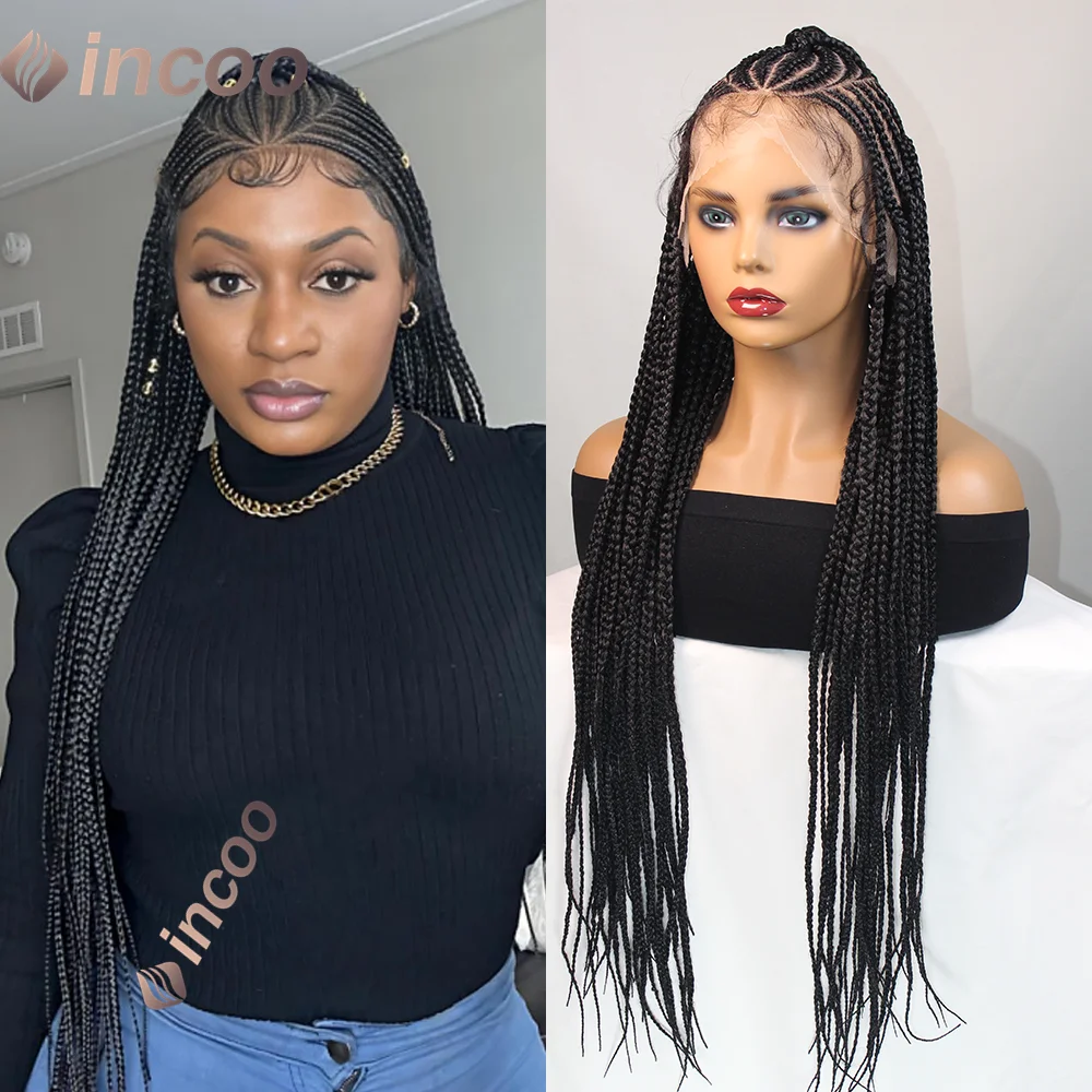 

Cornrow Box Full Lace Braided Wigs Goddess Synthetic Lace Front Wig Knotless Box Criss Cross Braids For Black Women