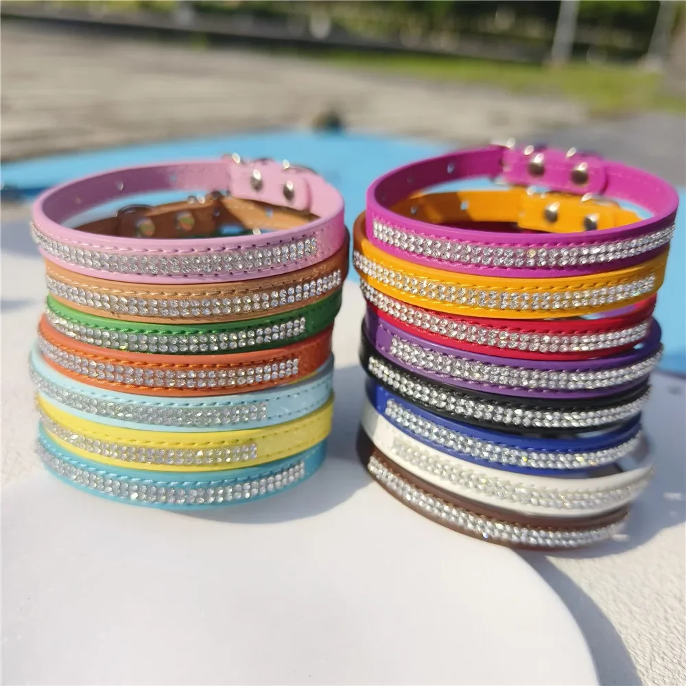 Pu Leather Crystal Dog Collar Comfortable Glitter Rhinestone Dog Collars Zinc Alloy Buckle Collar for Small Dogs Cats Supplies