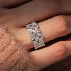 Huitan Hollowed-out Flower Wide Women’s Rings Exquisite Shiny Cubic Zirconia Finger Accessories Trendy Wedding Bridal Jewelry