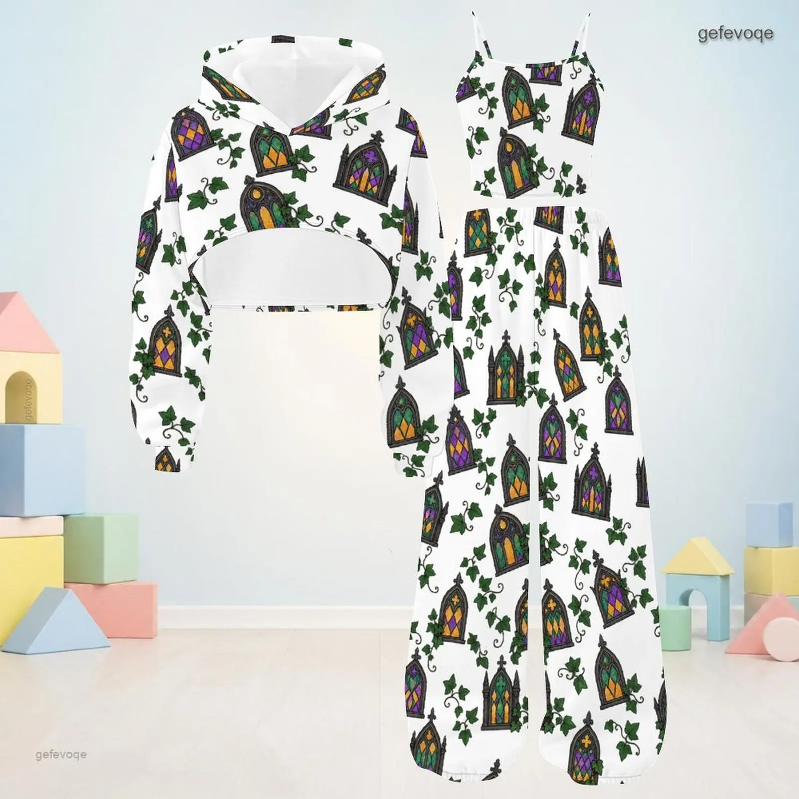 Autumn Graphic Print Girls 3 Piece Outfit Girls Hooded Retro Children Clothing Daily Wear
