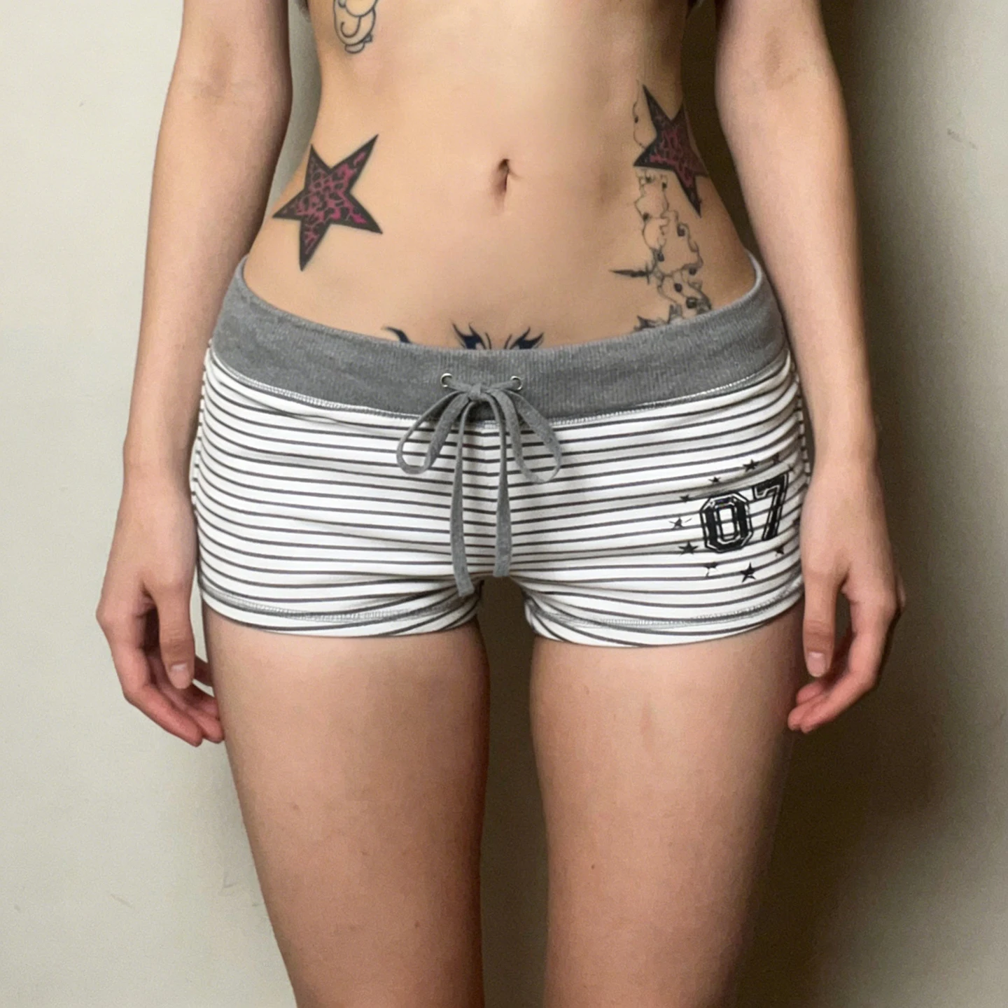 IAMSURE-Casual Striped Contrast Color Digital Printed Micro Shorts Women Drawstring Low Waist Slimming Mini Pants Summer Homewea