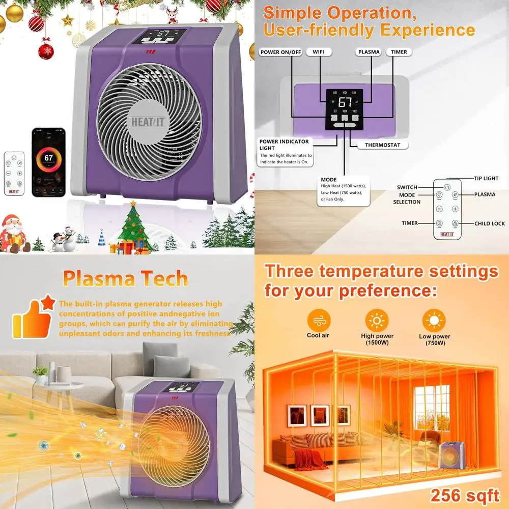 

Внутренний цифровой термостат с обогревателем с дистанционным управлением, плазмой и озоном, таймером 1-12 часов, 1500 Вт/750 Вт, идеально подходит для офиса и спальни, фиолетовый