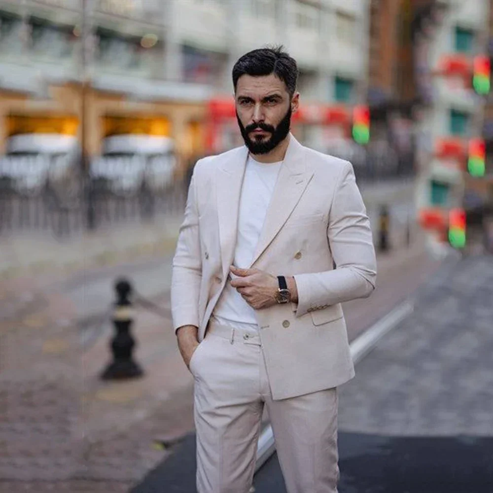 Tailor Made Male Suits For Wedding Slim Fit Double Breasted Peak Lapel 2 Pieces Groom Wear Suits Blazer Pants Costume Homme