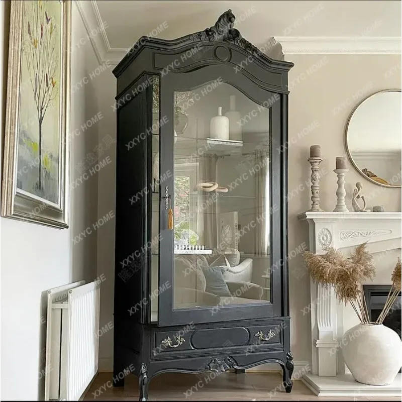XX Solid Wood Wine Cabinet Carved Storage Classical Luxury Tempered Glass Single Door Customized Home Bar Furniture