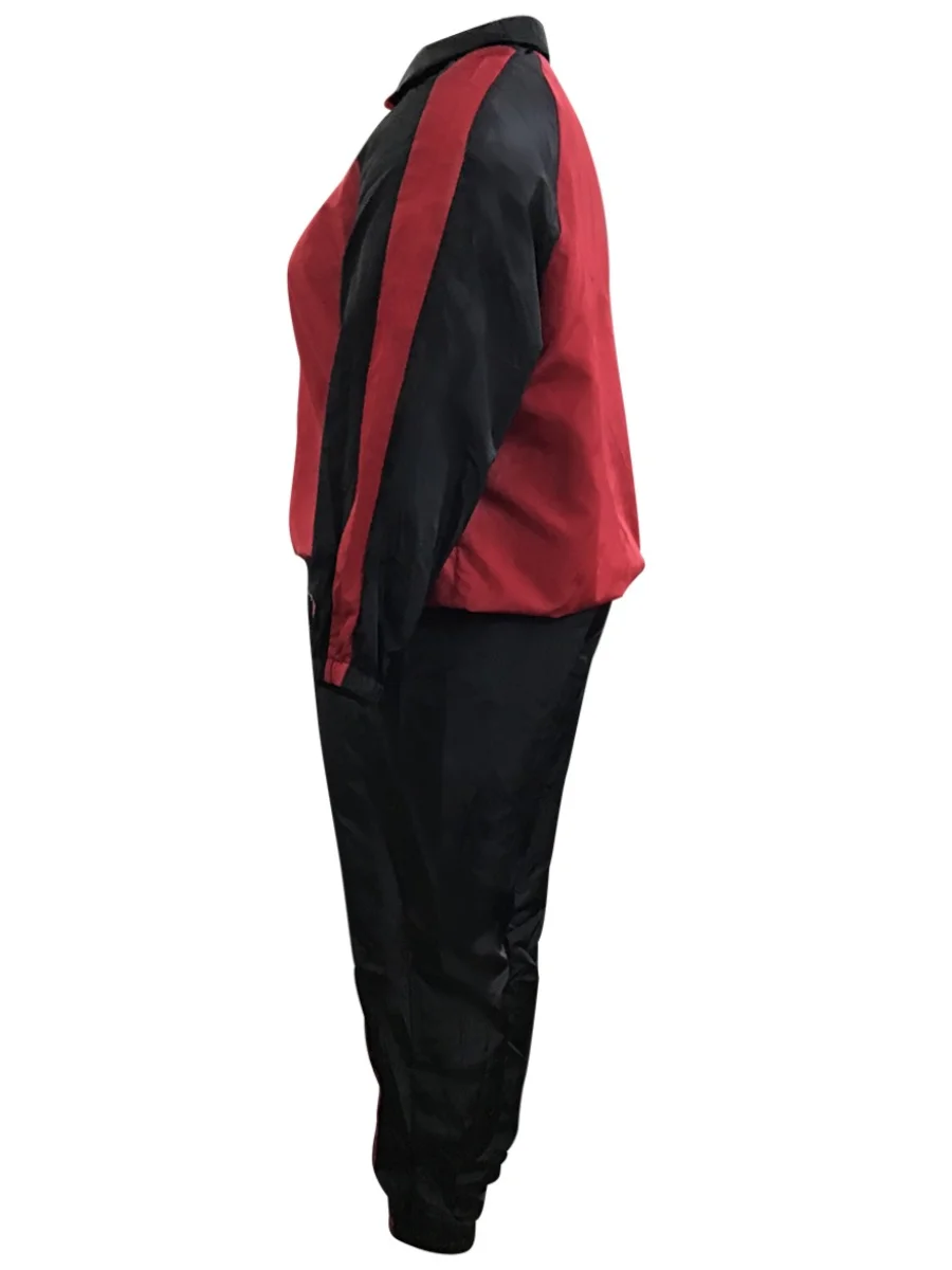 LW Mandarin Collar Striped Patchwork Zipper Pant Casual Plain Long Sleeve Loose Two Pieces Outfit Matching Suit for Women