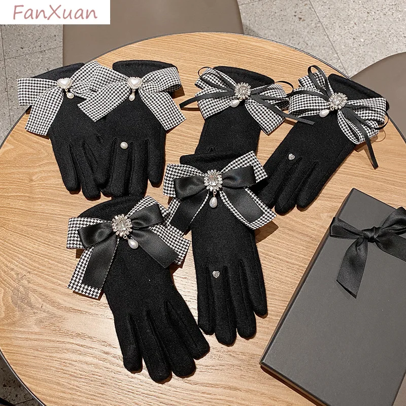 女性の冬用手袋黒豪華な裏地暖かい屋外タッチスクリーンロングリボンちょう結びチェック柄千鳥格子エレガントな女性の手袋