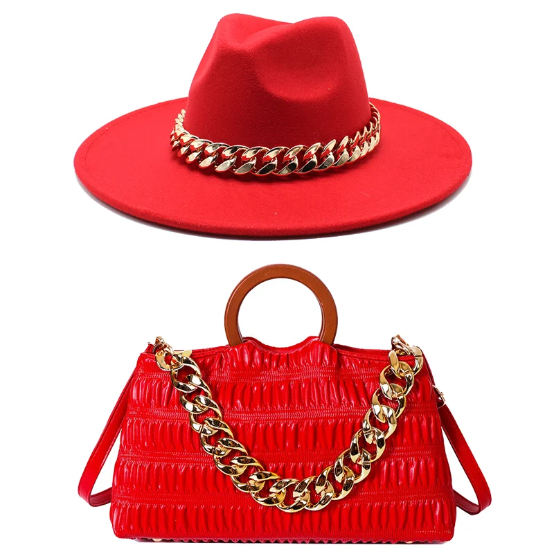 Fedora Hat For Women and Bag Set Large Chain Jazz Cap Retro Luxury Fashion Hat Simple Grace Wide Brim Hat 2022 New