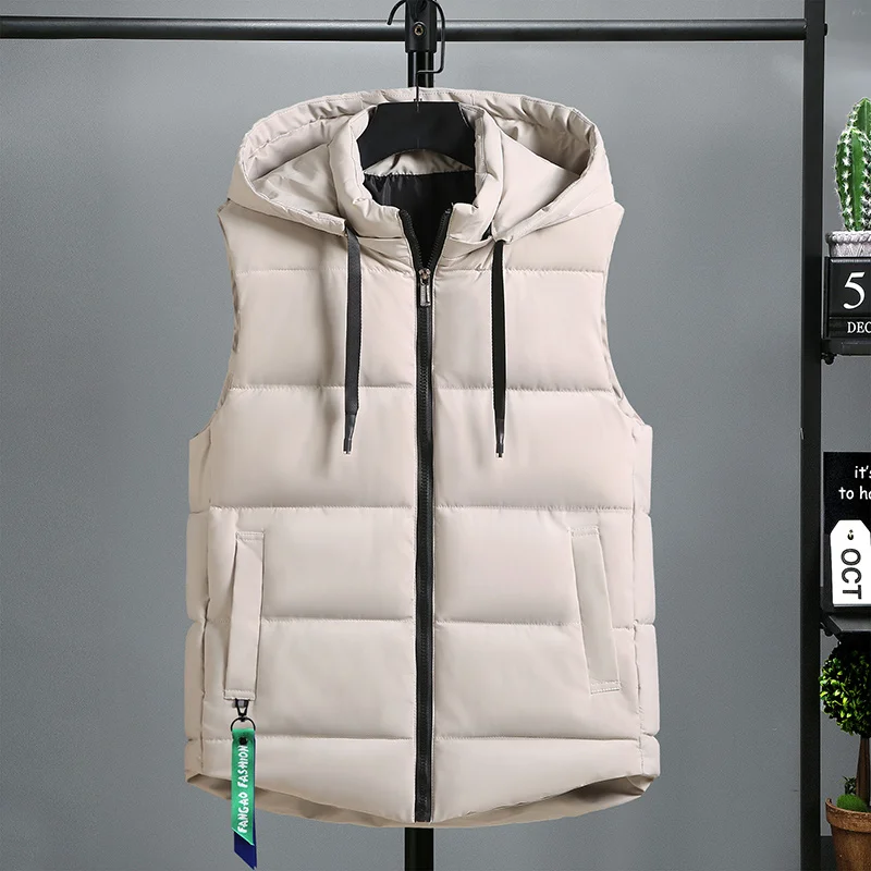 

Autumn Winter Sleeveless Jacket Men Fashion Warm Hooded Zipper Solid Color Black Vests Downjacket