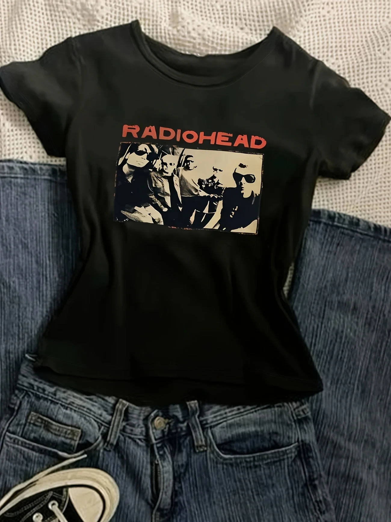 

Plus - Size Women's Black Short - Sleeve T - shirt, “RADIOHEAD” Band Print, Soft & Comfortable Fabric