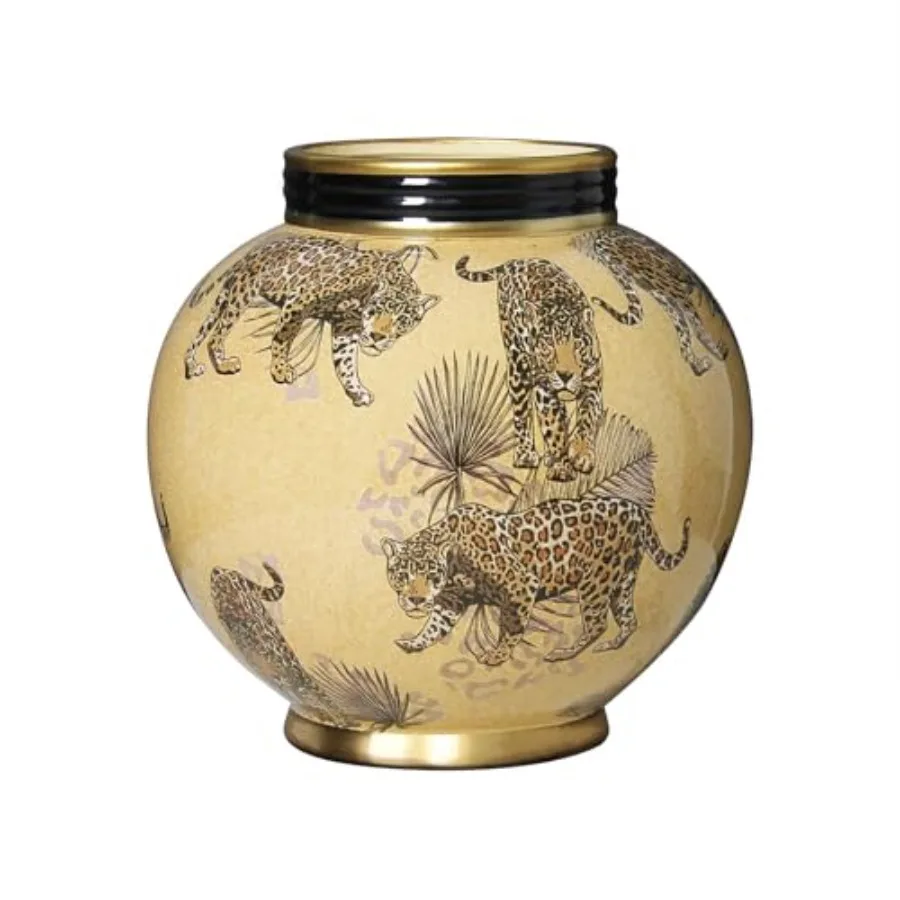 

10 inch Vintage Ceramic Flower Vases with Gold Rim Beige and Black Leopard Print Round Vase for Home Decor Accent Farmhouse Cen