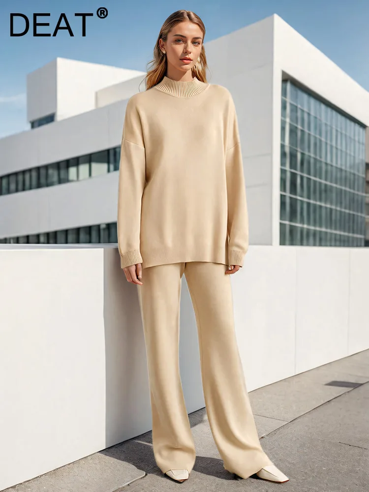 DEAT Fashion Women's 2 Pcs Set Turtleneck Loose Side Slit Sweater High Waist Straight Pant Knitted Suit Autumn 2025 New 7AB5375