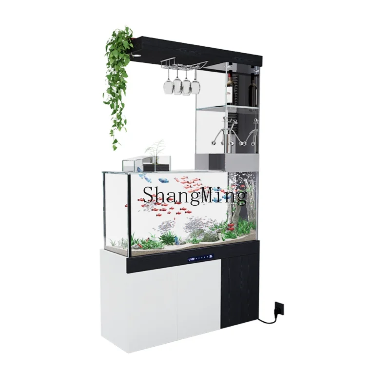 

CL new living room is opposite the door to the entrance, partition, double-sided wine cabinet, modern screen with fish tank