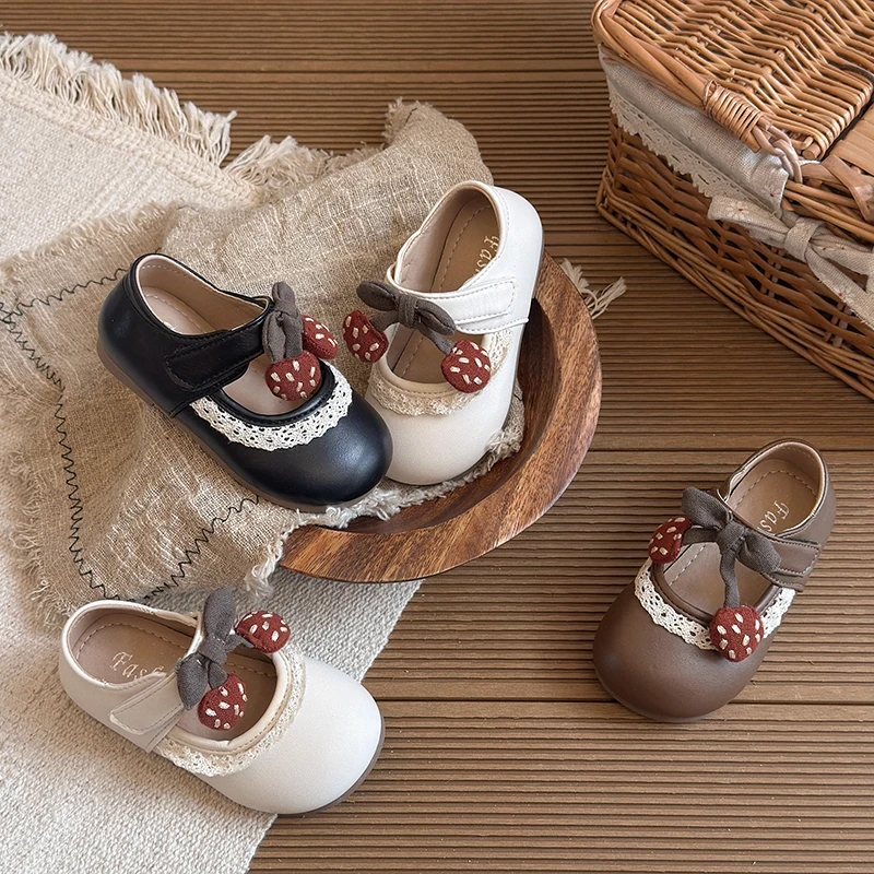 

Girls Fashion Leather Shoes 2-16 Years Old Bow Cherry Girls Walking Shoes with Shoe Box Soft Non-slip Children Baby Single Shoes