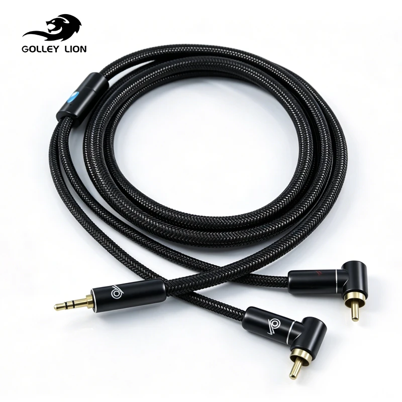 

GOLLEY LION 3.5mm to 2RCA Cable Right-Angle 1/8 Male to Dual RCA Male Stereo Audio Adapter Cord Heavy Duty Nylon Braided Black